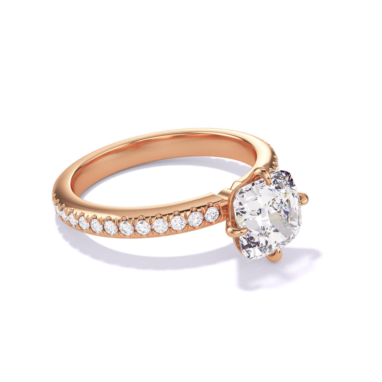 CUSHION CUT DIAMOND ENGAGEMENT RING WITH A COMPASS 4 PRONG THREE PHASES PAVE SETTING IN 18K ROSE GOLD