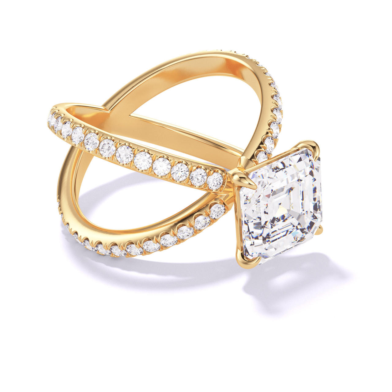 Asscher cut diamond engagement ring with a classic 4 prong axis pave setting in 18k yellow gold