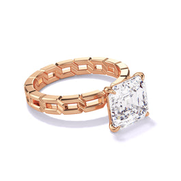 asscher cut diamond engagement ring with a classic 4 prong 16 links setting in 18k rose gold