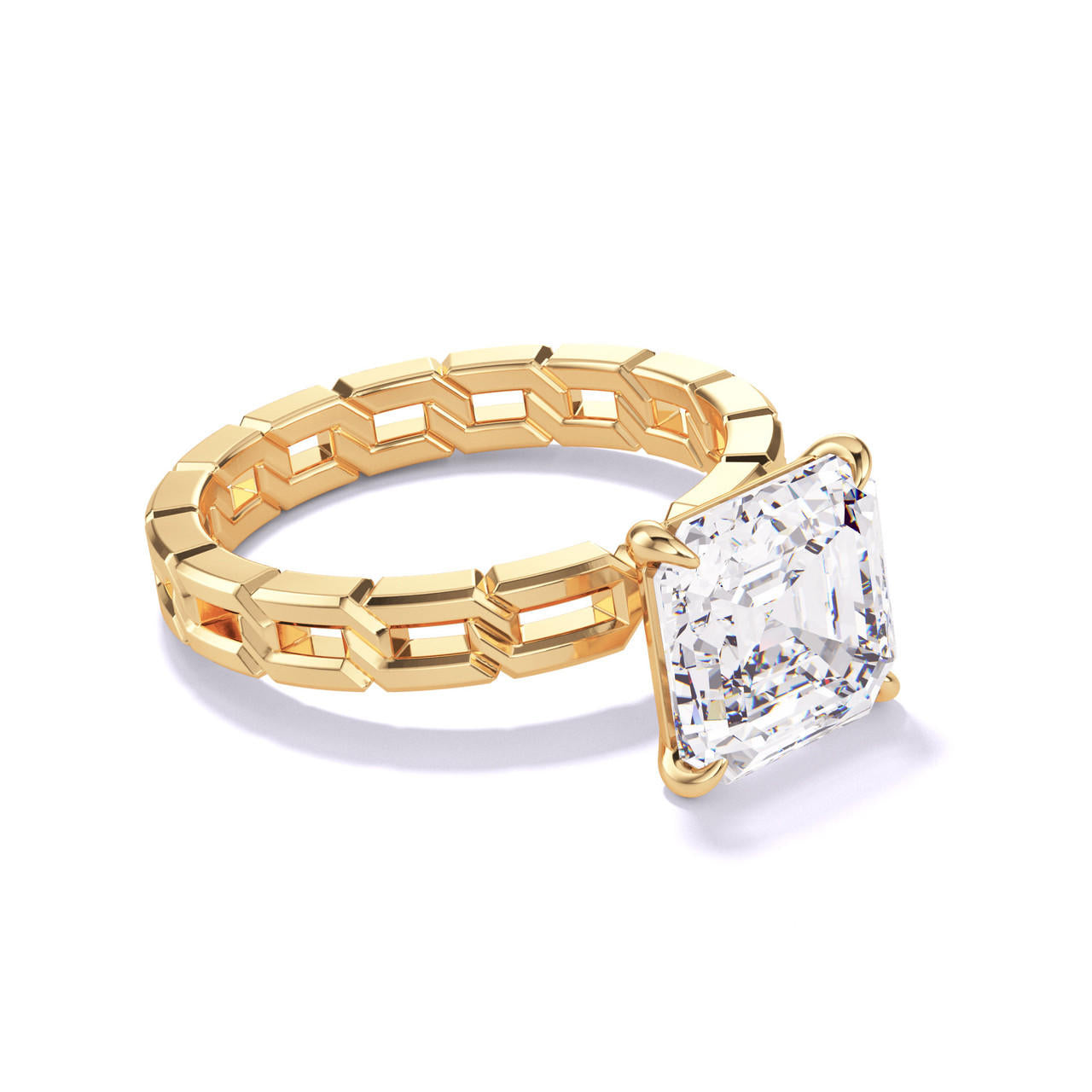 ASSCHER CUT DIAMOND ENGAGEMENT RING WITH A CLASSIC 4 PRONG 16 LINKS SETTING IN 18K YELLOW GOLD