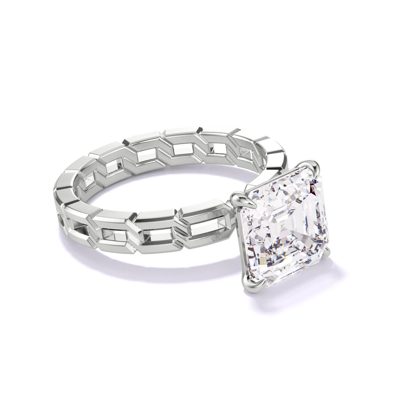 ASSCHER CUT DIAMOND ENGAGEMENT RING WITH A CLASSIC 4 PRONG 16 LINKS SETTING IN PLATINUM