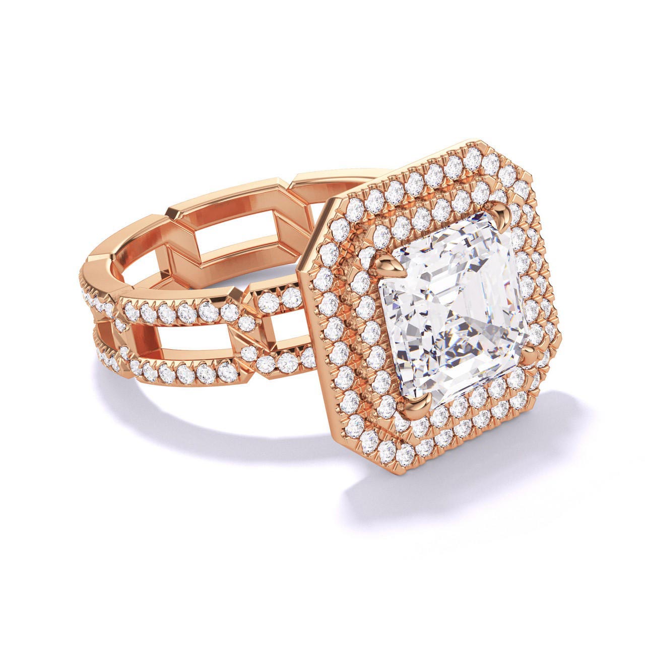 ASSCHER CUT DIAMOND ENGAGEMENT RING WITH A DOUBLE HALO 8 PAVE LINKS SETTING IN 18K ROSE GOLD