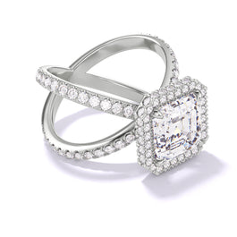 ASSCHER CUT DIAMOND ENGAGEMENT RING WITH A WRAPPED HALO AXIS PAVE SETTING IN PLATINUM