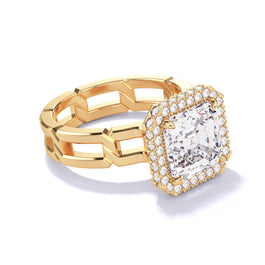 ASSCHER CUT DIAMOND ENGAGEMENT RING WITH A WRAPPED HALO 8 LINKS SETTING IN 18K YELLOW GOLD