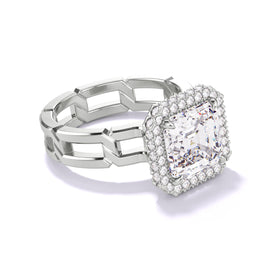 ASSCHER CUT DIAMOND ENGAGEMENT RING WITH A WRAPPED HALO 8 LINKS SETTING IN PLATINUM