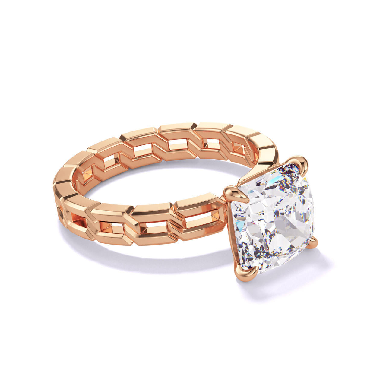 CUSHION CUT DIAMOND ENGAGEMENT RING WITH A CLASSIC 4 PRONG 16 LINKS SETTING IN 18K ROSE GOLD