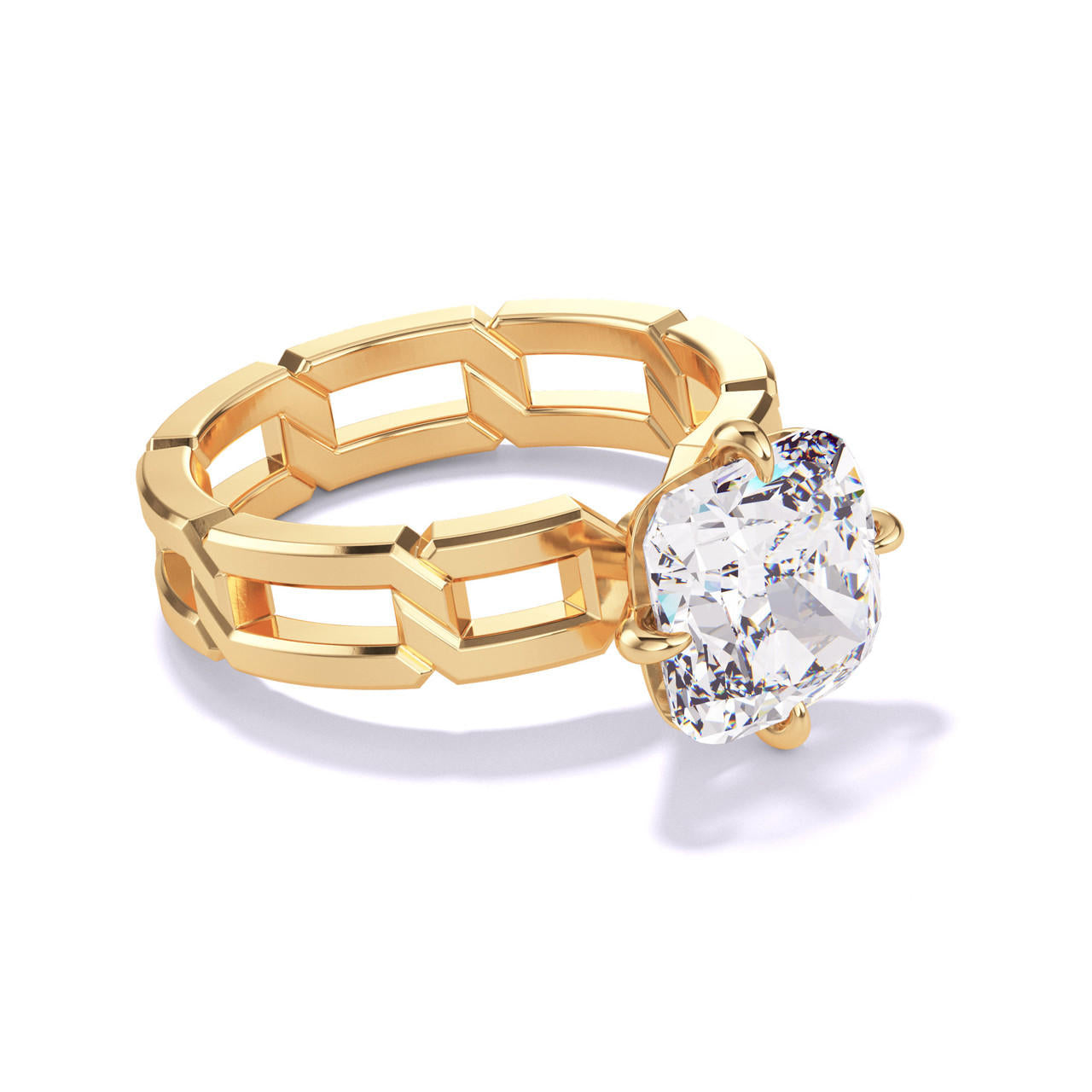 CUSHION CUT DIAMOND ENGAGEMENT RING WITH A COMPASS 4 PRONG 8 LINKS SETTING IN 18K YELLOW GOLD
