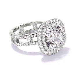 CUSHION CUT DIAMOND ENGAGEMENT RING WITH A DOUBLE HALO 8 PAVE LINKS SETTING IN PLATINUM