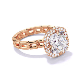 CUSHION CUT DIAMOND ENGAGEMENT RING WITH A WRAPPED HALO 16 LINKS SETTING IN 18K ROSE GOLD
