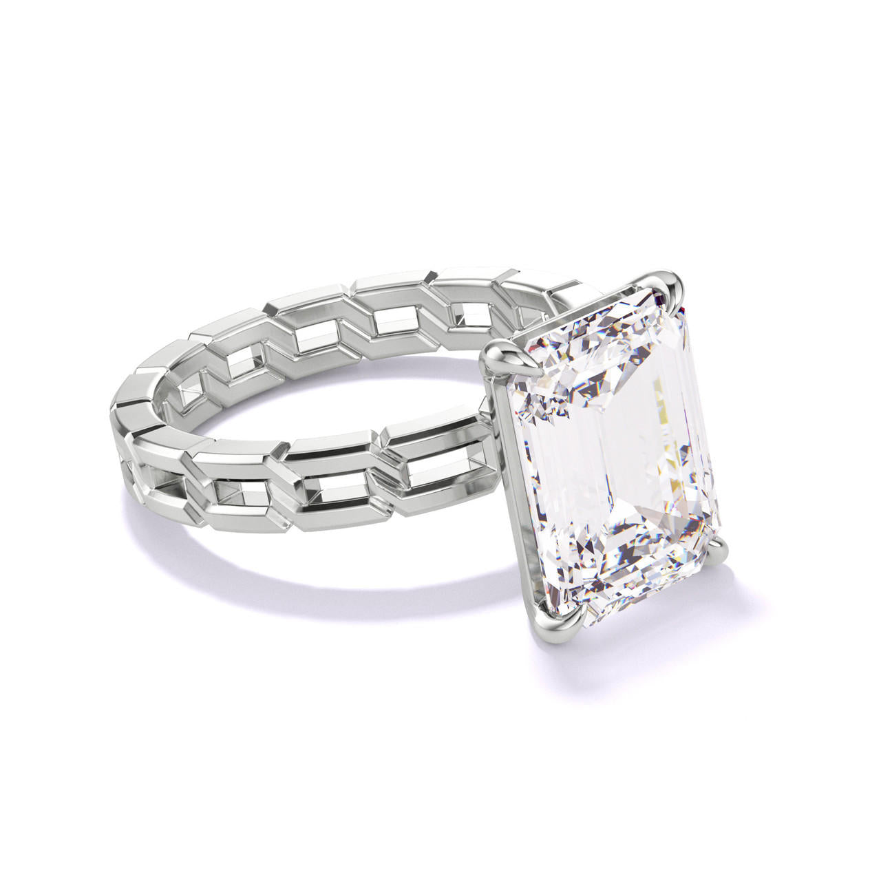 EMERALD CUT DIAMOND ENGAGEMENT RING WITH A CLASSIC 4 PRONG 16 LINKS SETTING IN PLATINUM