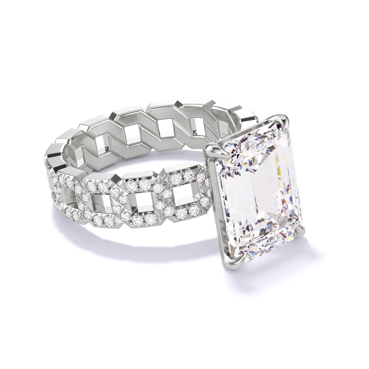 EMERALD CUT DIAMOND ENGAGEMENT RING WITH A CLASSIC 4 PRONG 16 PAVE LINKS SETTING IN PLATINUM
