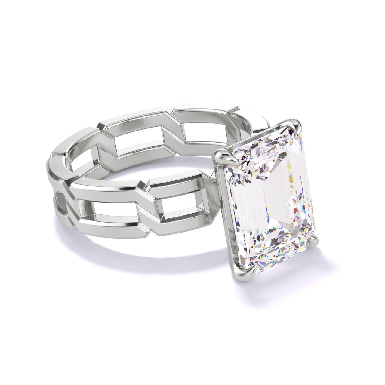 EMERALD CUT DIAMOND ENGAGEMENT RING WITH A CLASSIC 4 PRONG 8 LINKS SETTING IN PLATINUM