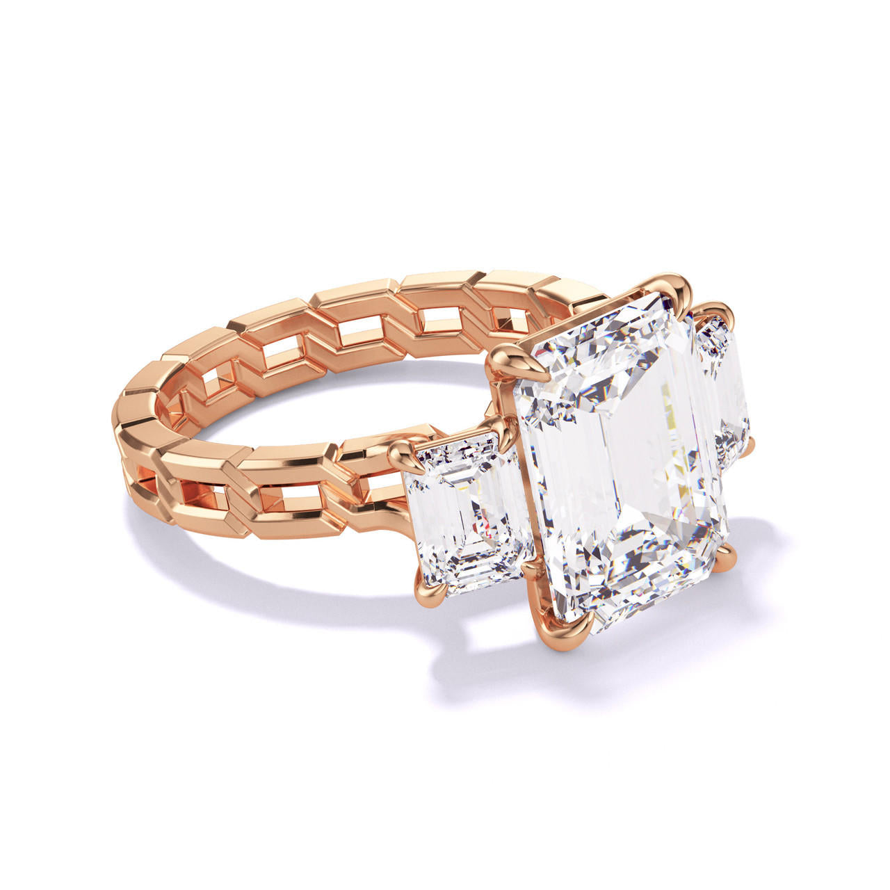 EMERALD CUT DIAMOND ENGAGEMENT RING WITH A THREE STONE 16 LINKS SETTING IN 18K ROSE GOLD