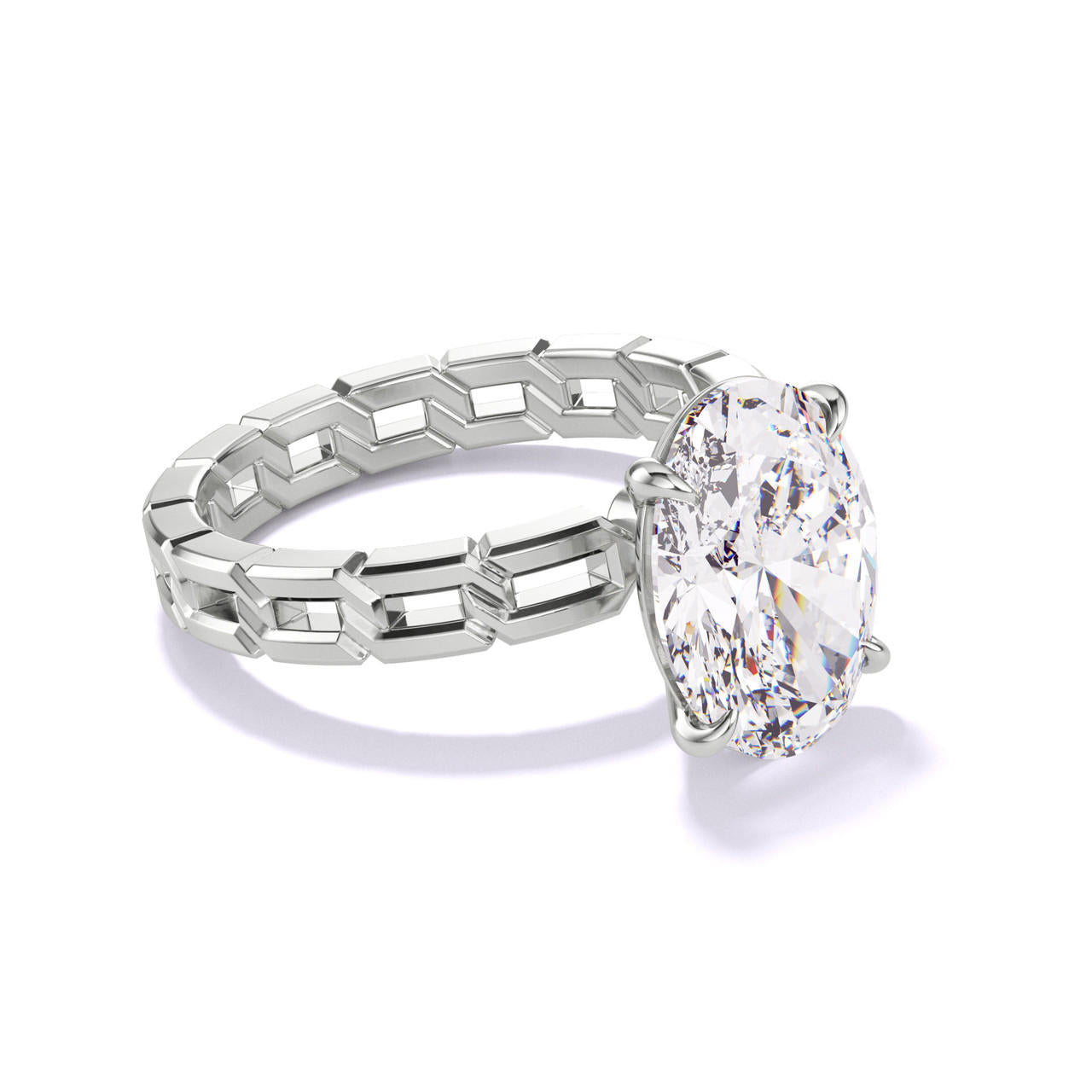 OVAL CUT DIAMOND ENGAGEMENT RING WITH A CLASSIC 4 PRONG 16 LINKS SETTING IN PLATINUM