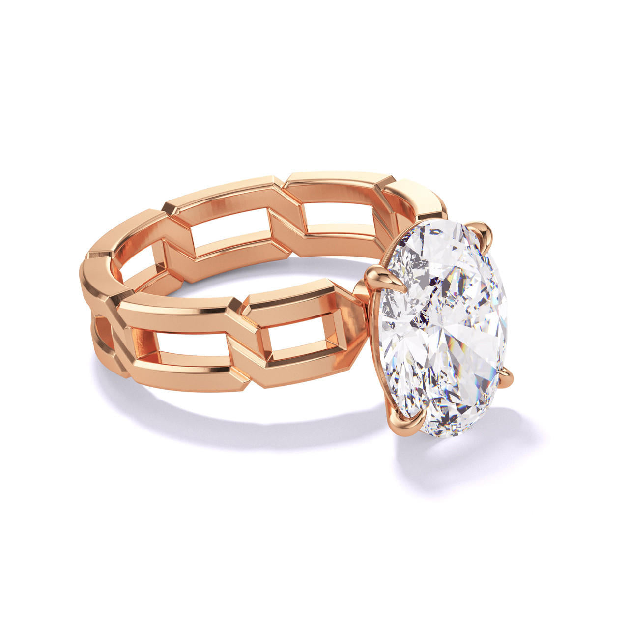 OVAL CUT DIAMOND ENGAGEMENT RING WITH A CLASSIC 4 PRONG 8 LINKS SETTING IN 18K ROSE GOLD