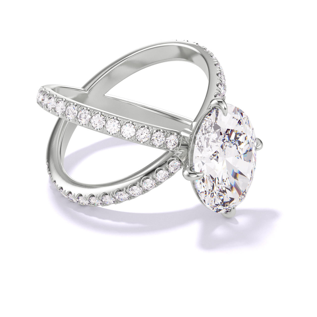 OVAL CUT DIAMOND ENGAGEMENT RING WITH A COMPASS 4 PRONG AXIS PAVE SETTING IN PLATINUM