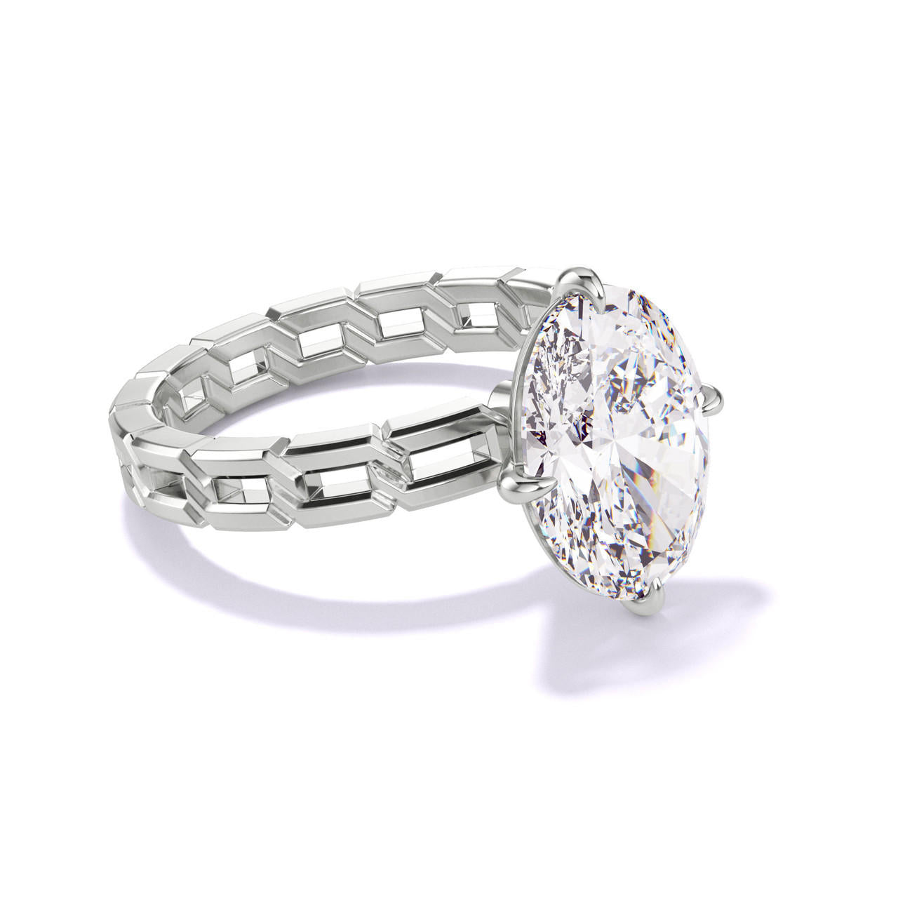 OVAL CUT DIAMOND ENGAGEMENT RING WITH A COMPASS 4 PRONG 16 LINKS SETTING IN PLATINUM