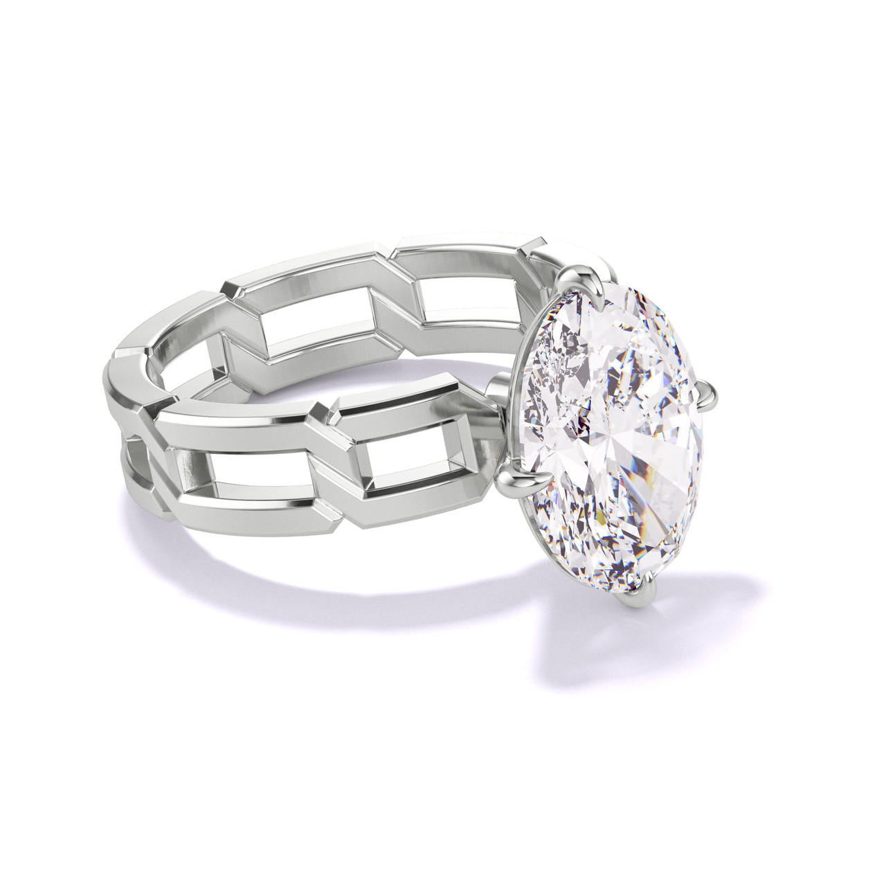 OVAL CUT DIAMOND ENGAGEMENT RING WITH A COMPASS 4 PRONG 8 LINKS SETTING IN PLATINUM