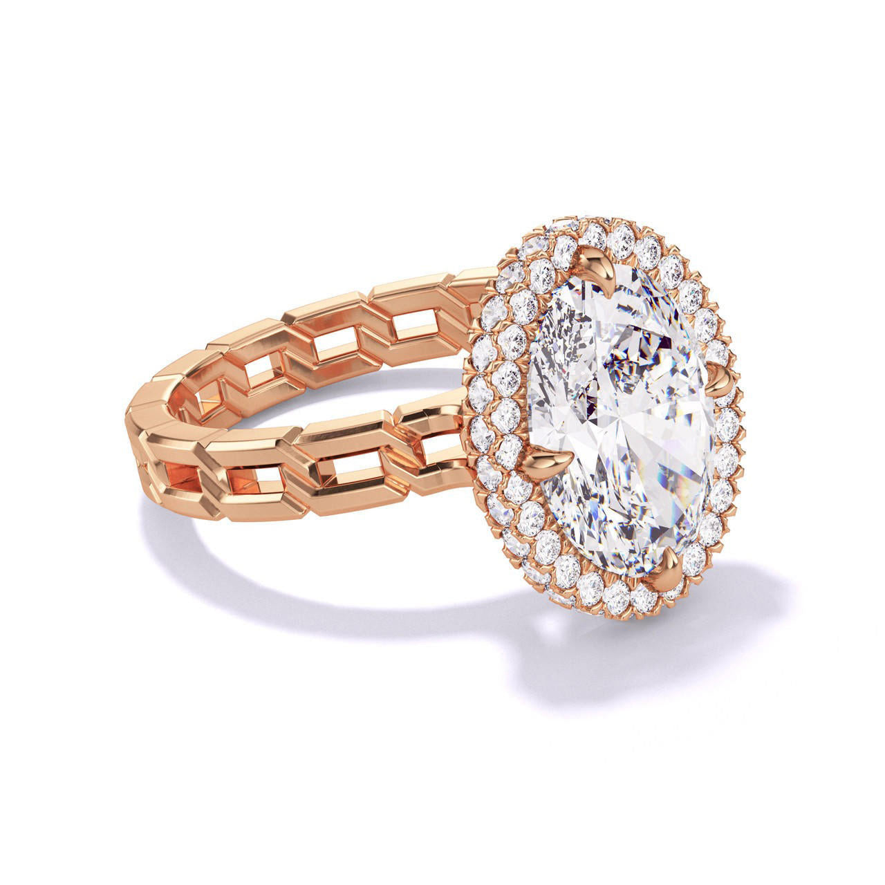 Rose Gold Oval Engagement Ring with a Wrapped Halo 16 Link Setting