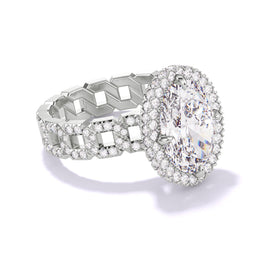 OVAL CUT DIAMOND ENGAGEMENT RING WITH A WRAPPED HALO 16 PAVE LINKS SETTING IN PLATINUM
