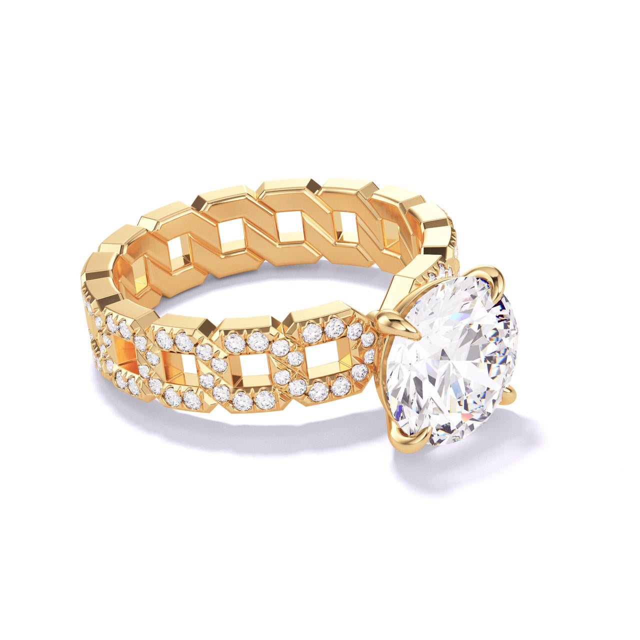 round brilliant diamond engagement ring on a links band in yellow gold