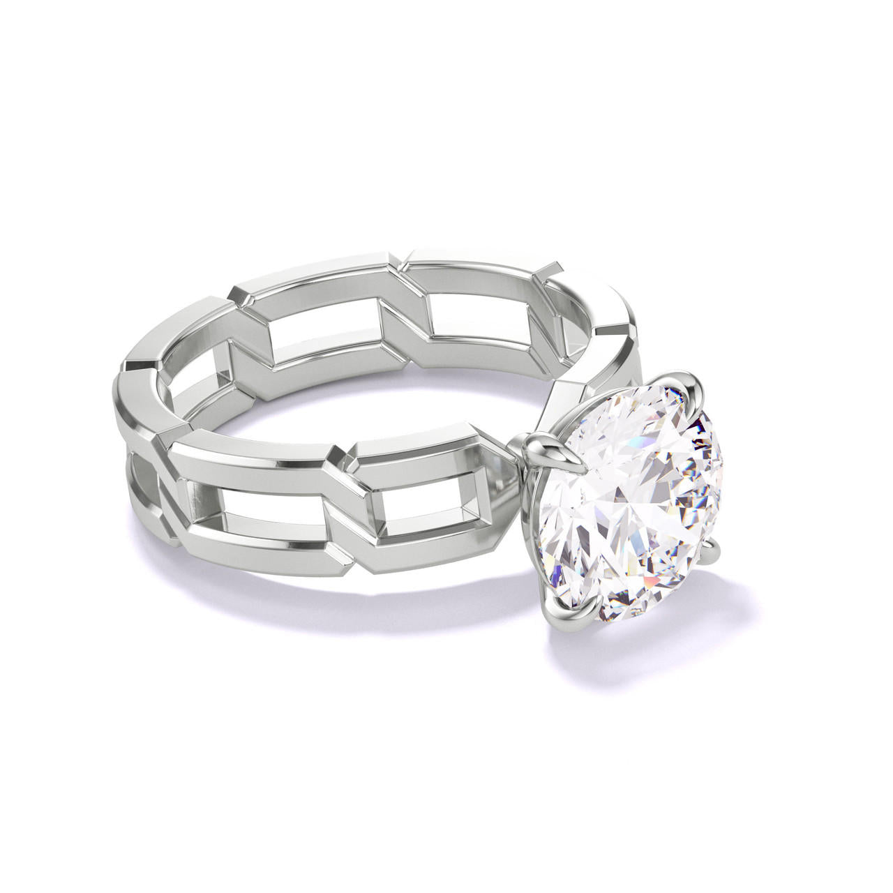 ROUND CUT DIAMOND ENGAGEMENT RING WITH A CLASSIC 4 PRONG 8 LINKS SETTING IN PLATINUM