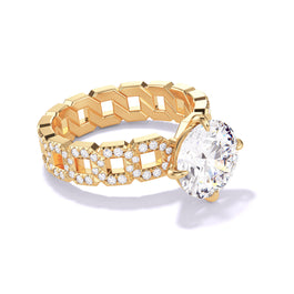 ROUND CUT DIAMOND ENGAGEMENT RING WITH A COMPASS 4 PRONG 16 PAVE LINKS SETTING IN 18K YELLOW GOLD