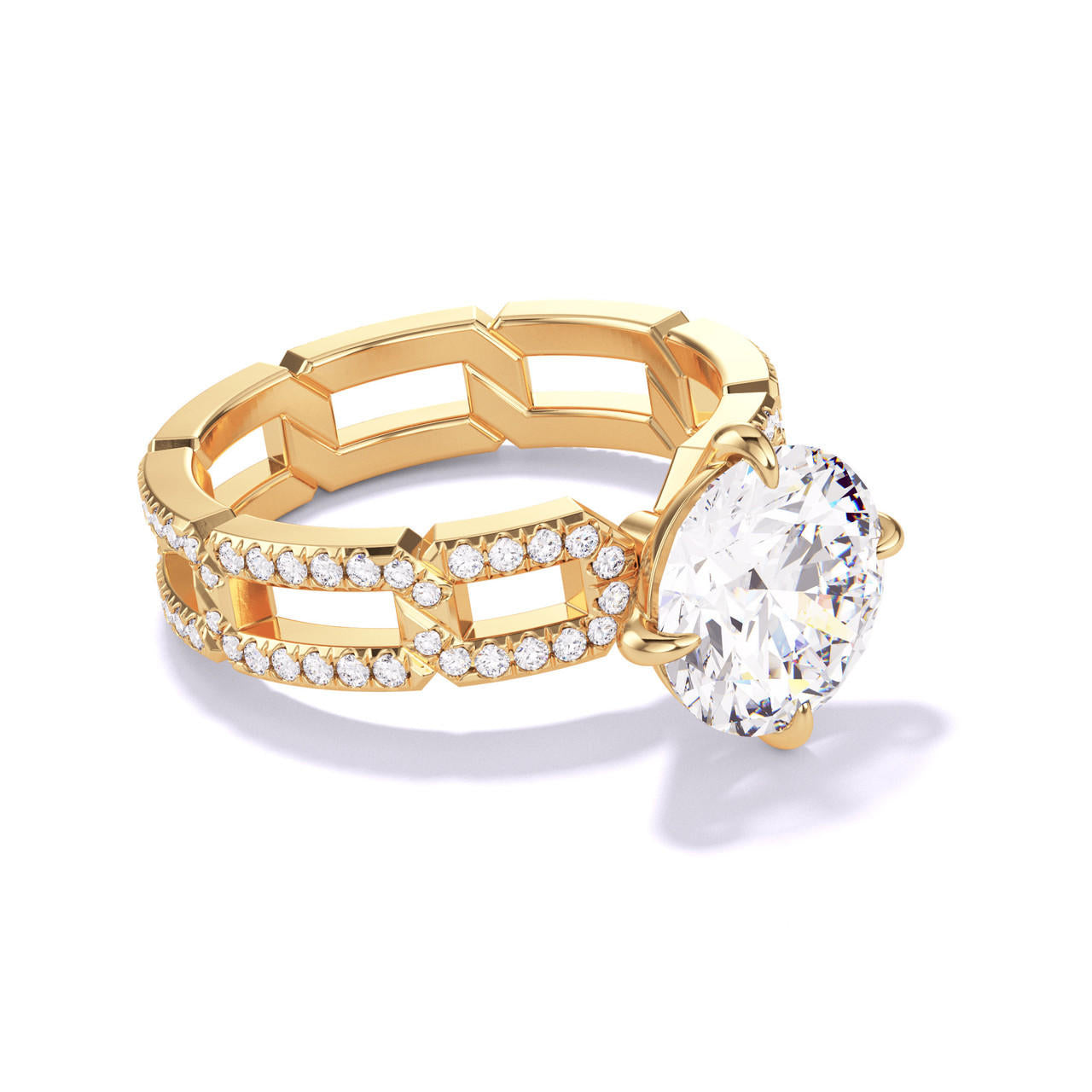 ROUND CUT DIAMOND ENGAGEMENT RING WITH A COMPASS 4 PRONG 8 PAVE LINKS SETTING IN 18K YELLOW GOLD