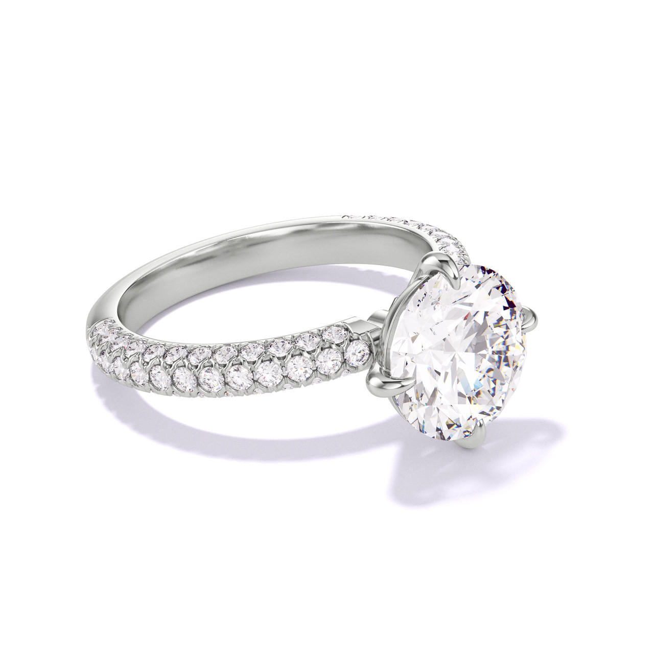 ROUND CUT DIAMOND ENGAGEMENT RING WITH A COMPASS 4 PRONG THREE PHASES TRIPLE PAVE SETTING IN PLATINUM