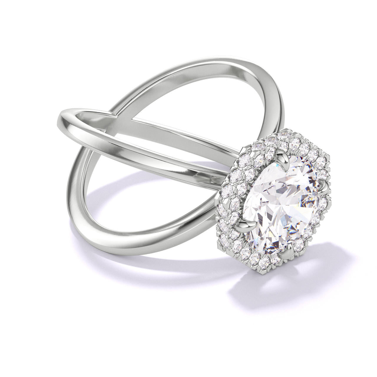 ROUND CUT DIAMOND ENGAGEMENT RING WITH AN OCTAGON HALO AXIS SETTING IN PLATINUM