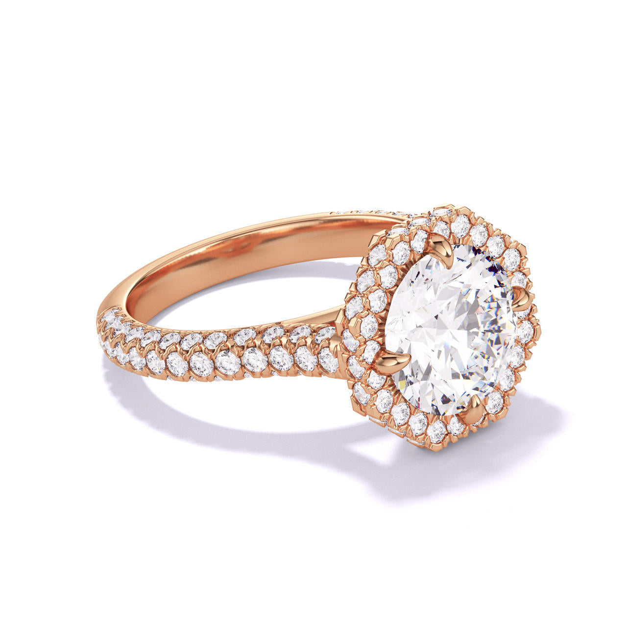 ROUND CUT DIAMOND ENGAGEMENT RING WITH AN OCTAGON HALO THREE PHASES TRIPLE PAVE SETTING IN 18K ROSE GOLD