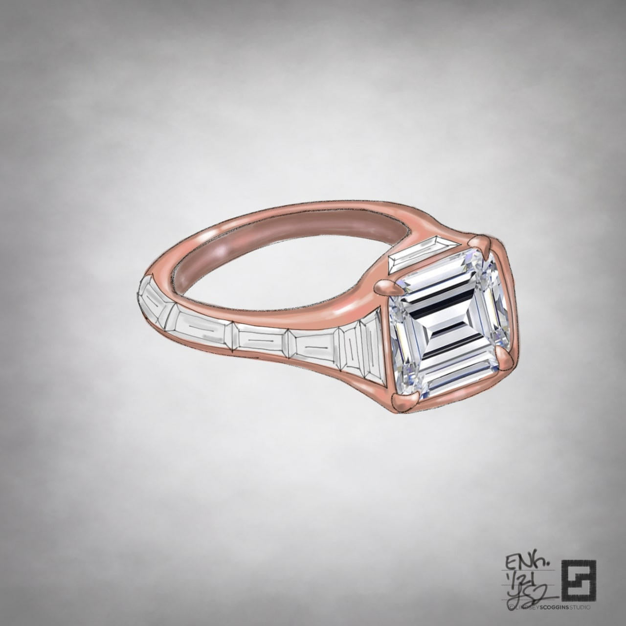 asscher cut gypsy setting engagement ring with tapered baguettes