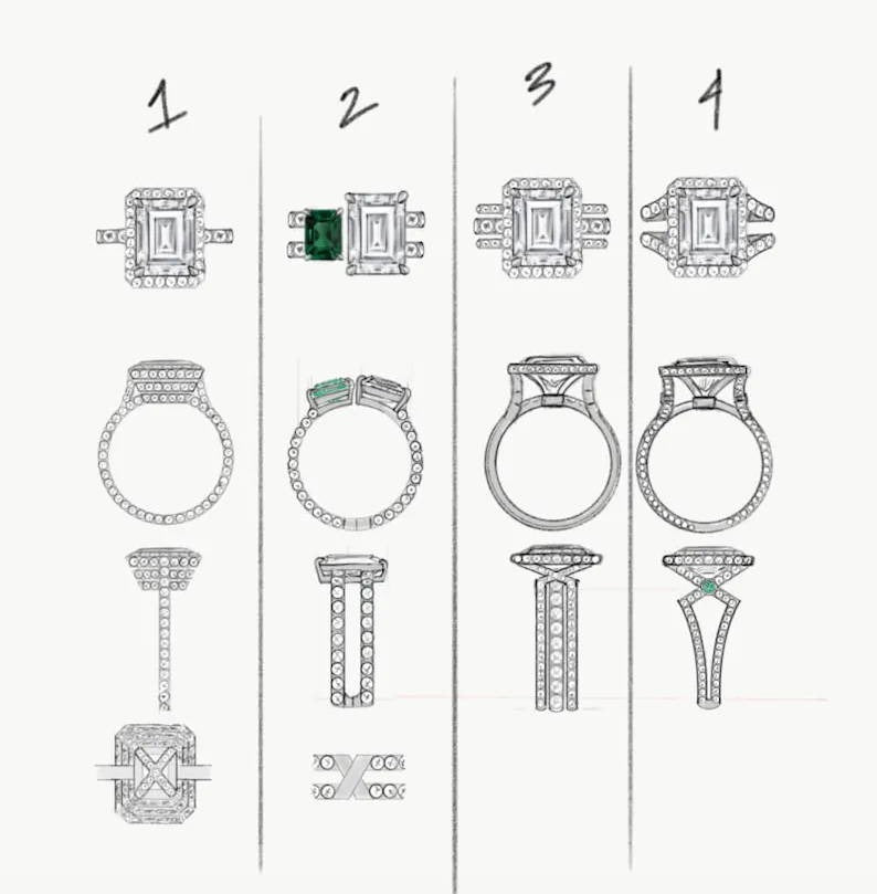 Design sketches of four unique emerald-cut diamond engagement rings, each showcasing distinct band and gemstone details, including emerald accents and pavé diamonds, reflecting Lindsey Scoggins' bespoke artistry.