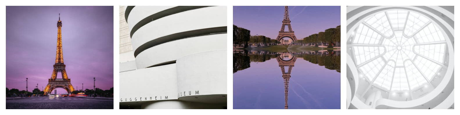 Collage of the Eiffel Tower and Guggenheim Museum, highlighting iconic design, reflecting Lindsey Scoggins' timeless jewelry craftsmanship.