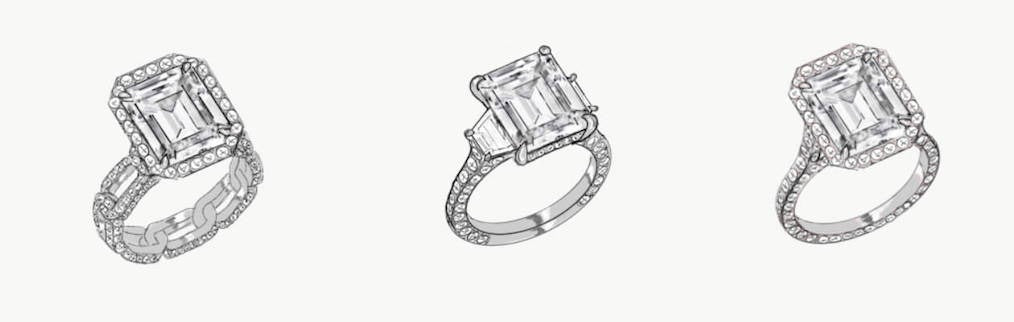 A trio of elegant emerald-cut diamond rings, each featuring unique band designs and surrounded by shimmering pavé diamonds.