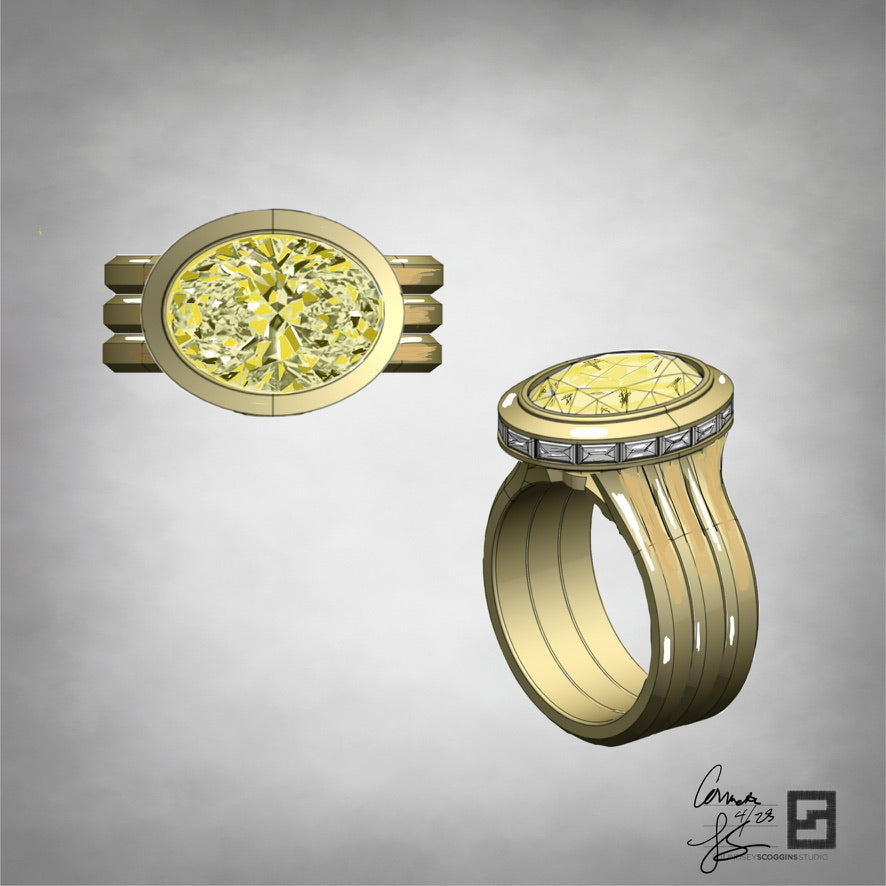 SHIELD TRIPLE TRUMPET BEZEL SET EAST WEST OVAL DIAMOND ENGAGEMENT RING