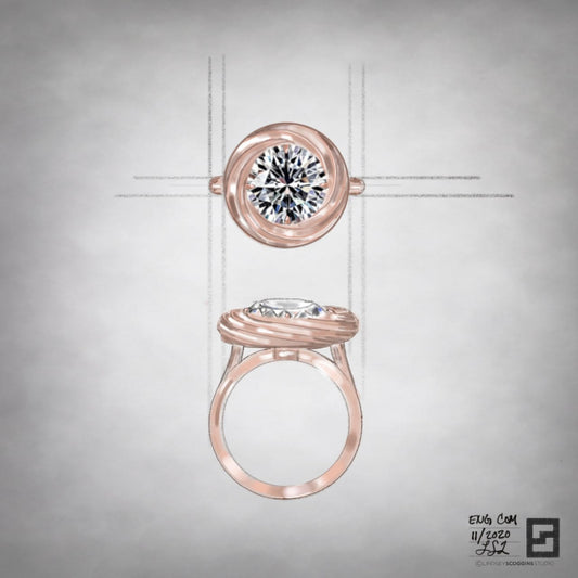 rose gold twisted halo engagement ring with continuum halo and round diamond center stone