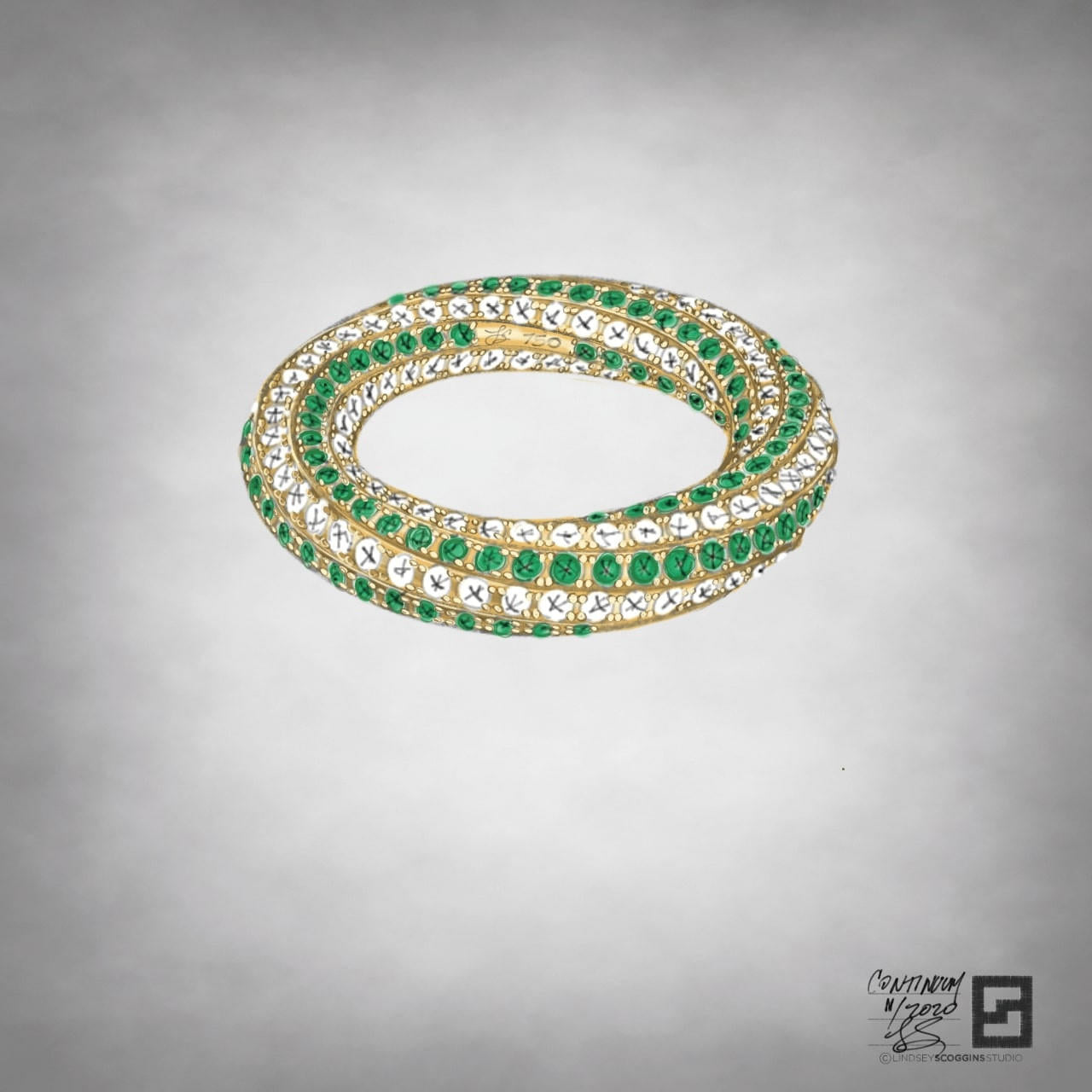 twisting eternity band with pave diamonds and green emeralds