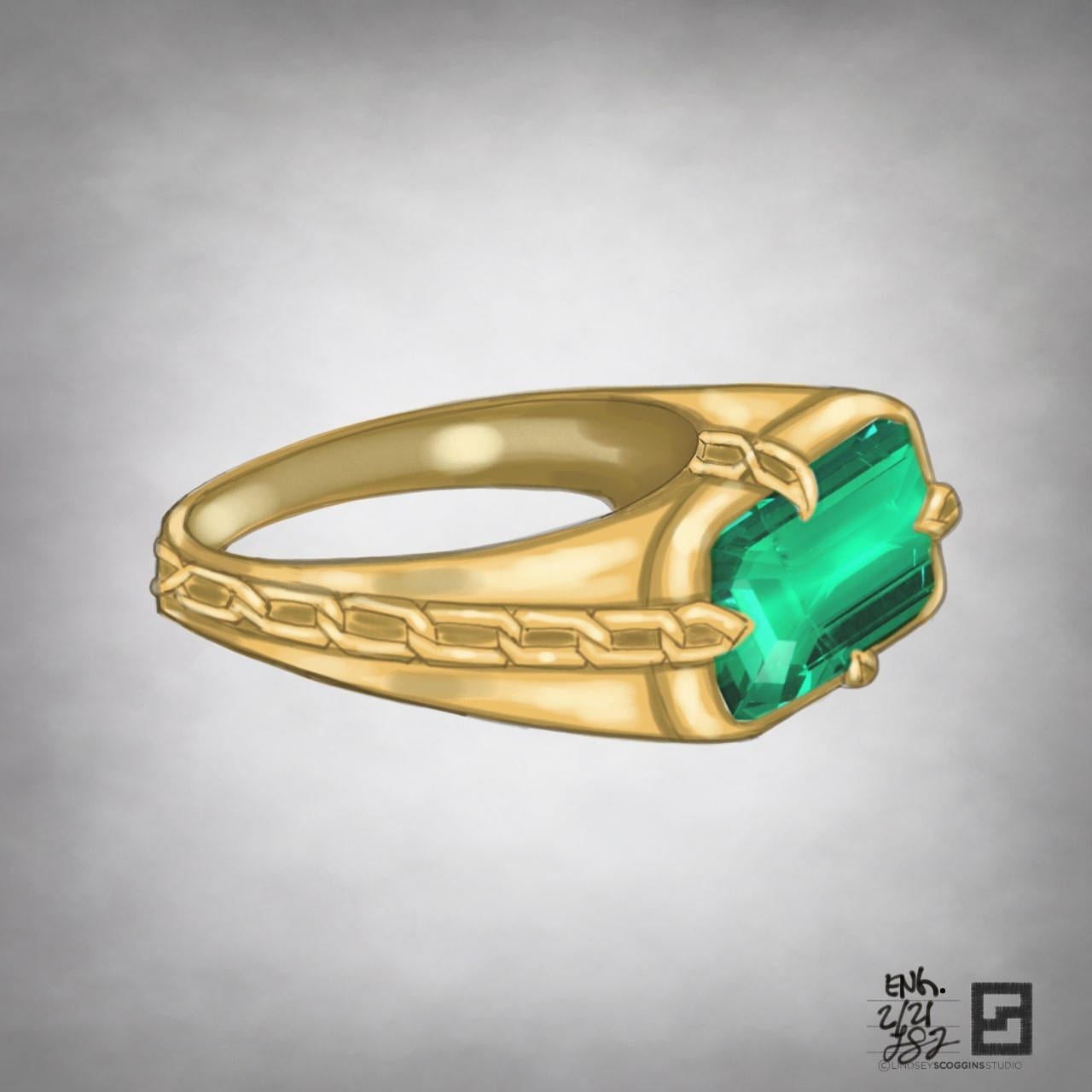 gypsy ring with engraved links in yellow gold