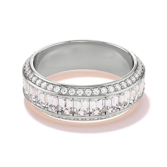 emerald cut and pave diamond beveled wedding band