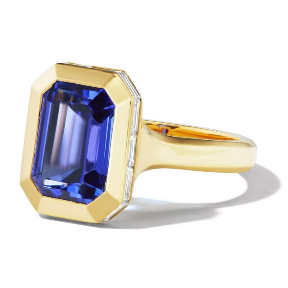Shield bezel set emerald cut tanzanite ring