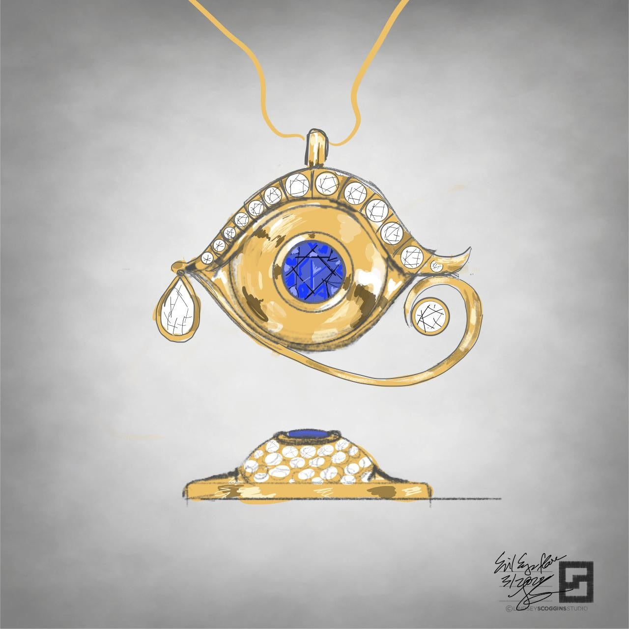 gold and diamond eye of horus necklace with sapphire in 18k yellow gold