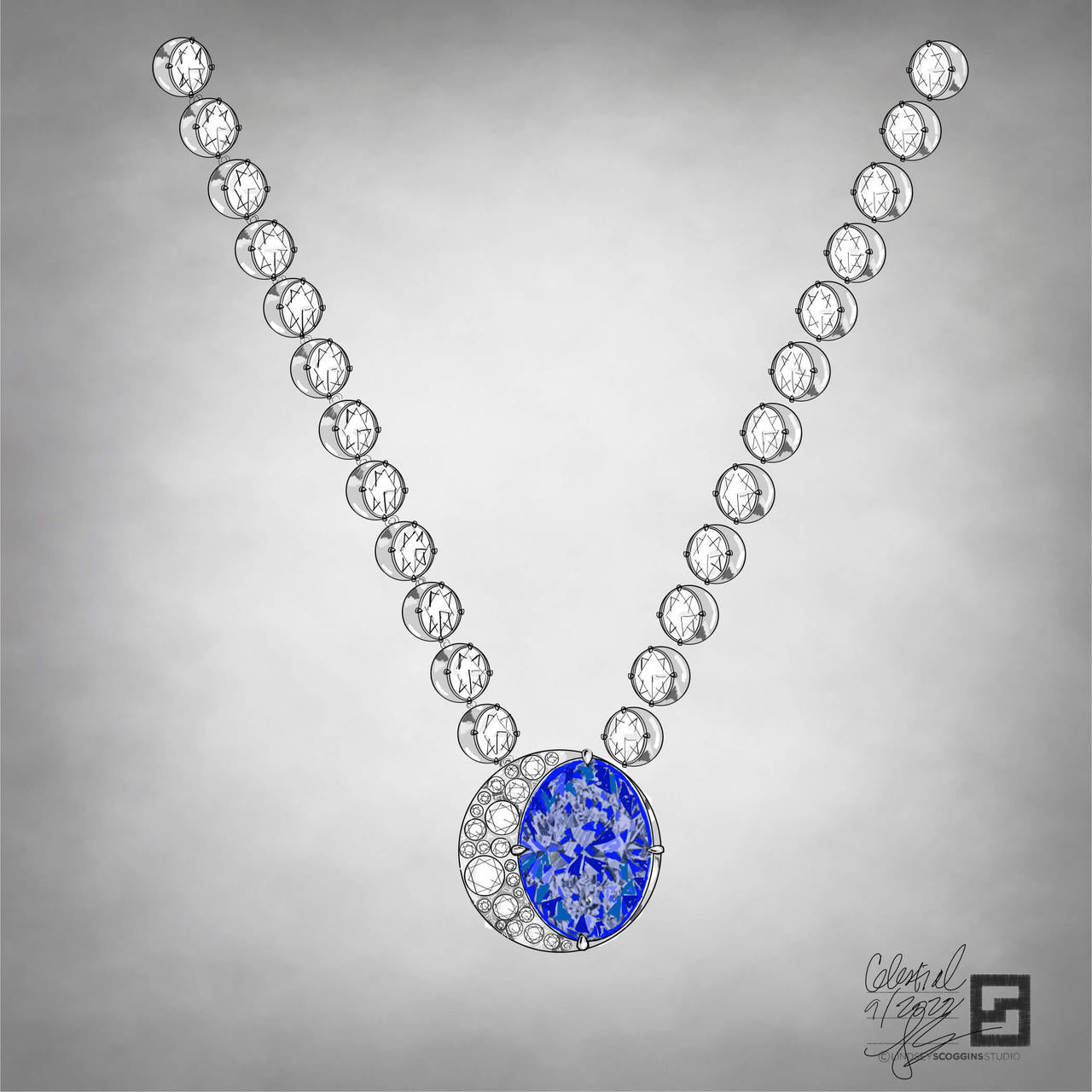 crescent moon necklace with sapphire and diamond moon phases