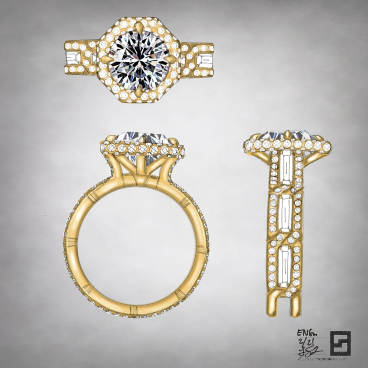 baguette diamond engagement ring with octagonal halo on baguette link band in yellow gold
