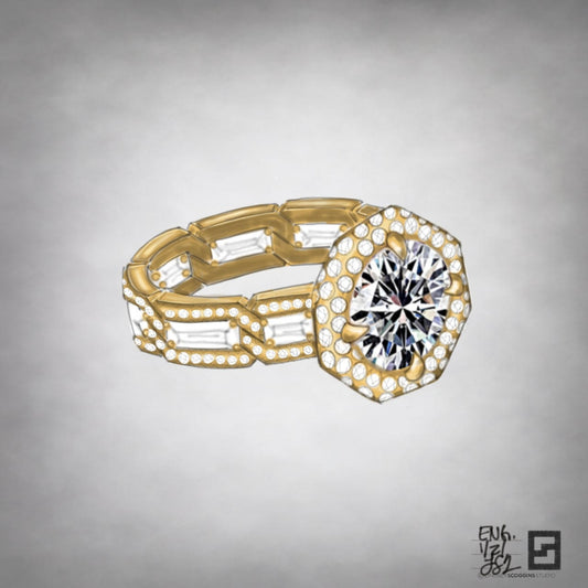 closeup of baguette diamond engagement ring with round diamond and octagonal halo on baguette link band in yellow gold