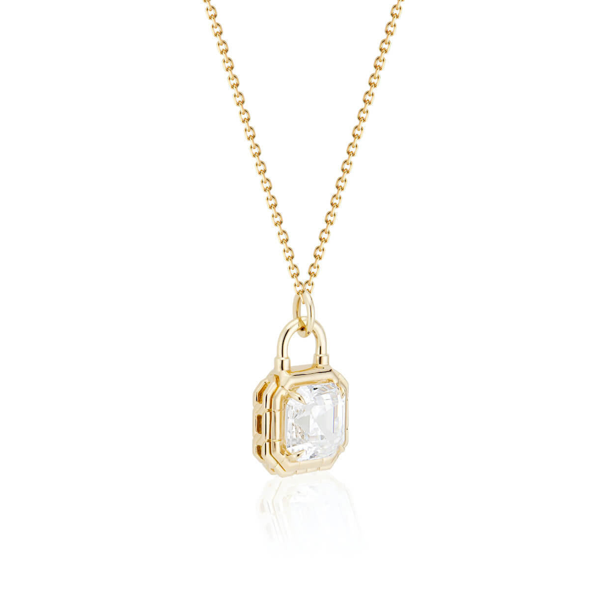 Asscher Cut Diamond Solitaire Padlock Pendant front view; Asscher diamond necklace