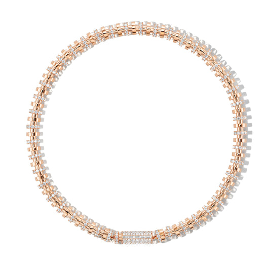 Rose gold and diamond necklace on a white background