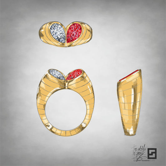 toi et moi heart shaped engagement ring with ruby and diamond