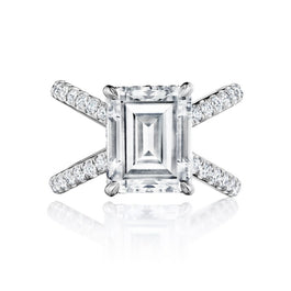 Solitaire Emerald Cut Diamond Engagement Ring on a Platinum Axis Pave Setting