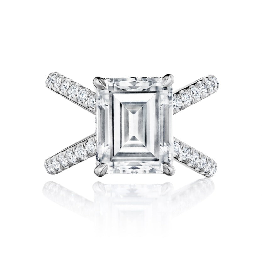 Solitaire Emerald Cut Diamond Engagement Ring on a Platinum Axis Pave Setting